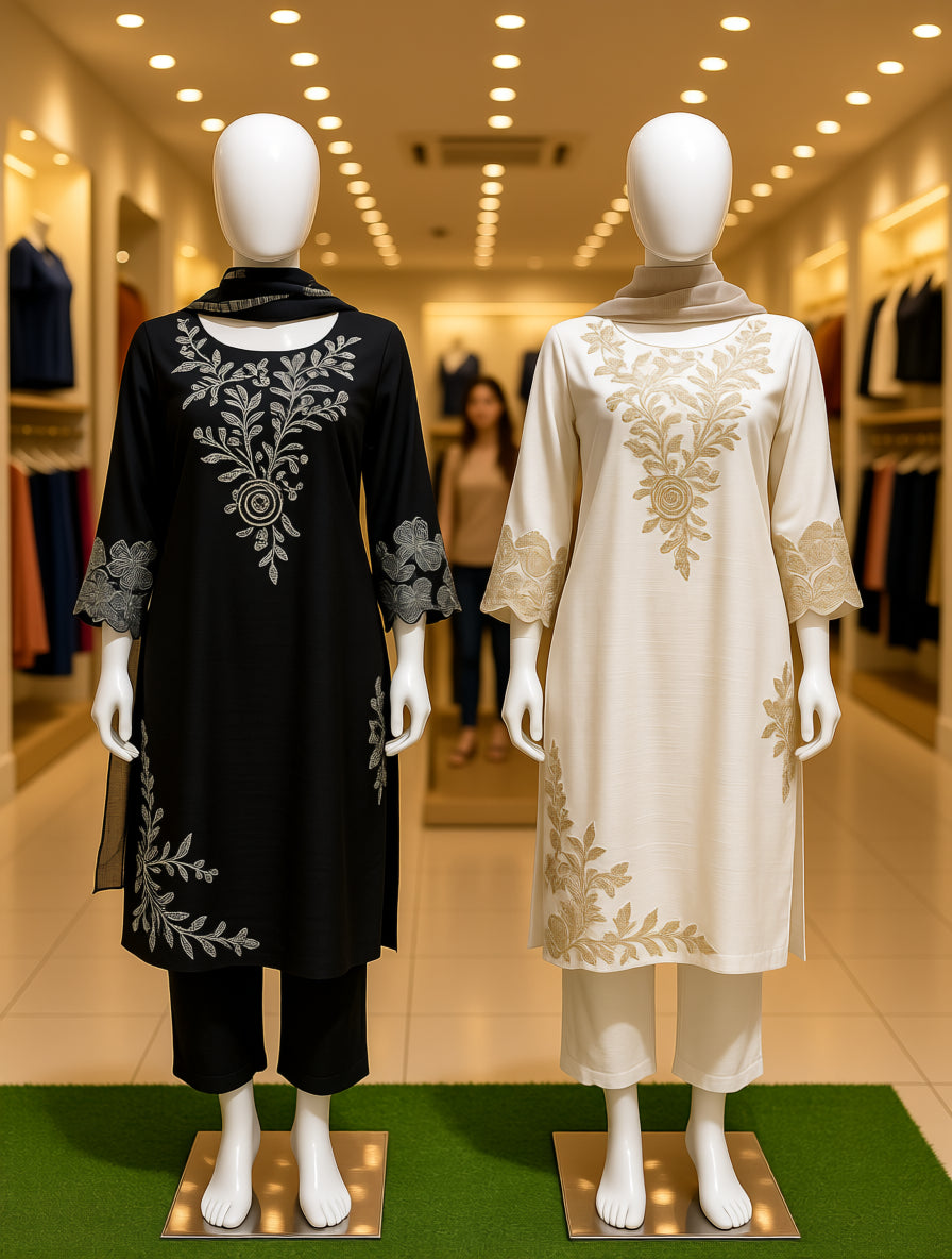 Embroidered Luxe Kurti Set – Black & White Edition